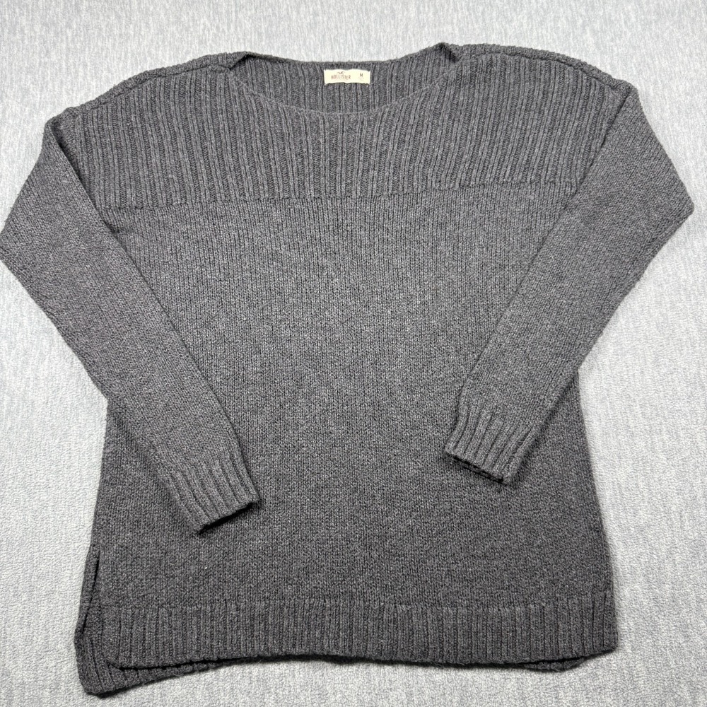 Hollister Sweater Womens M Gray Ribbed Knit Boat Neck Long Sleeve Pullover Tunic